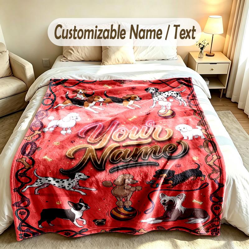 Dog Theme Custom Blanket Personalized Name & Text Customized Soft Warm Throw Blanket Home Decor