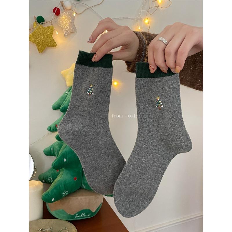

Женские весенние новые милые вышитые полосатые носки средней длины из шерсти с рождественским снеговиком 1 pair серый