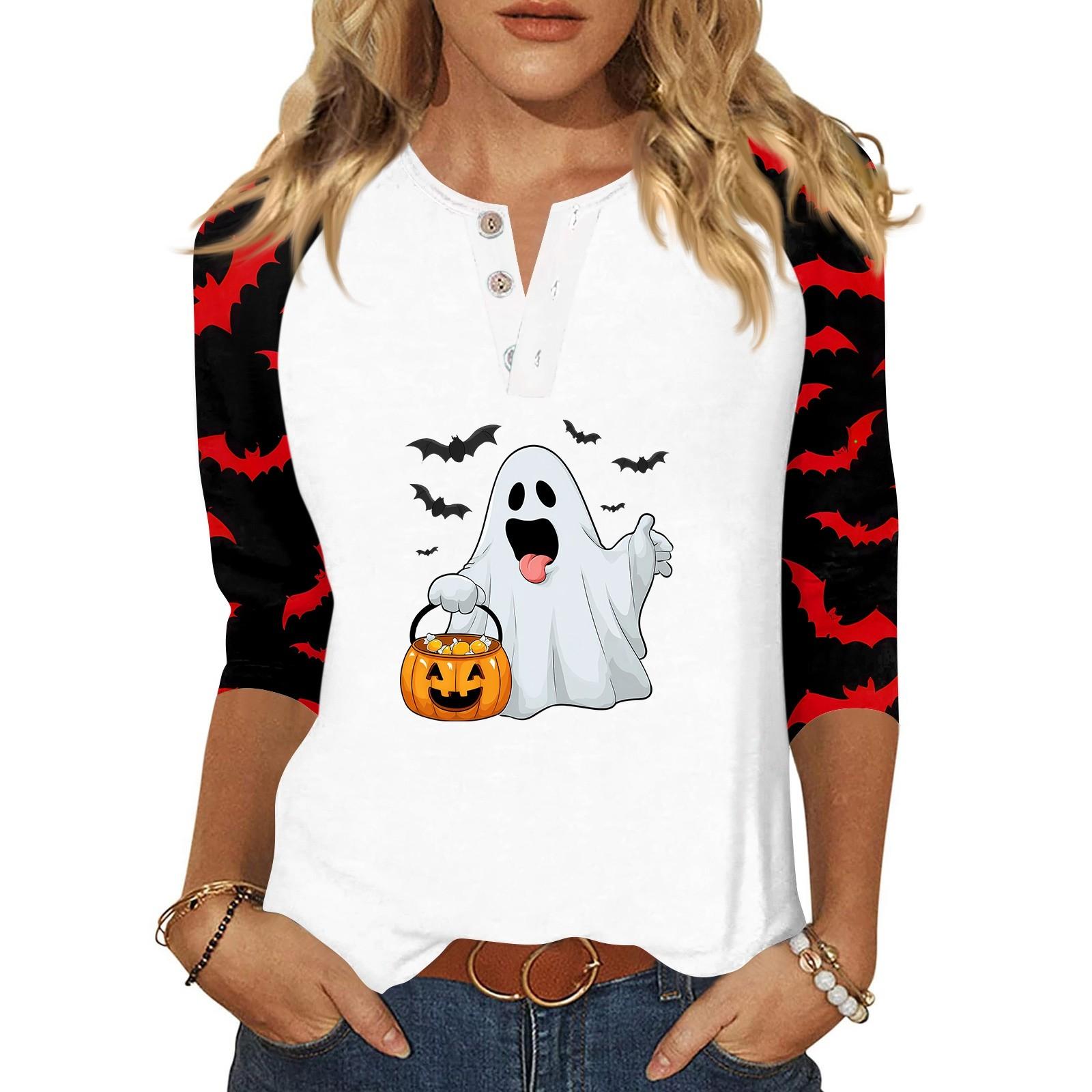

Женская футболка с принтом на Хэллоуин, на пуговицах, рукав 3/4, повседневная мода на выходные, базовый топ с V-образным вырезом XXXL