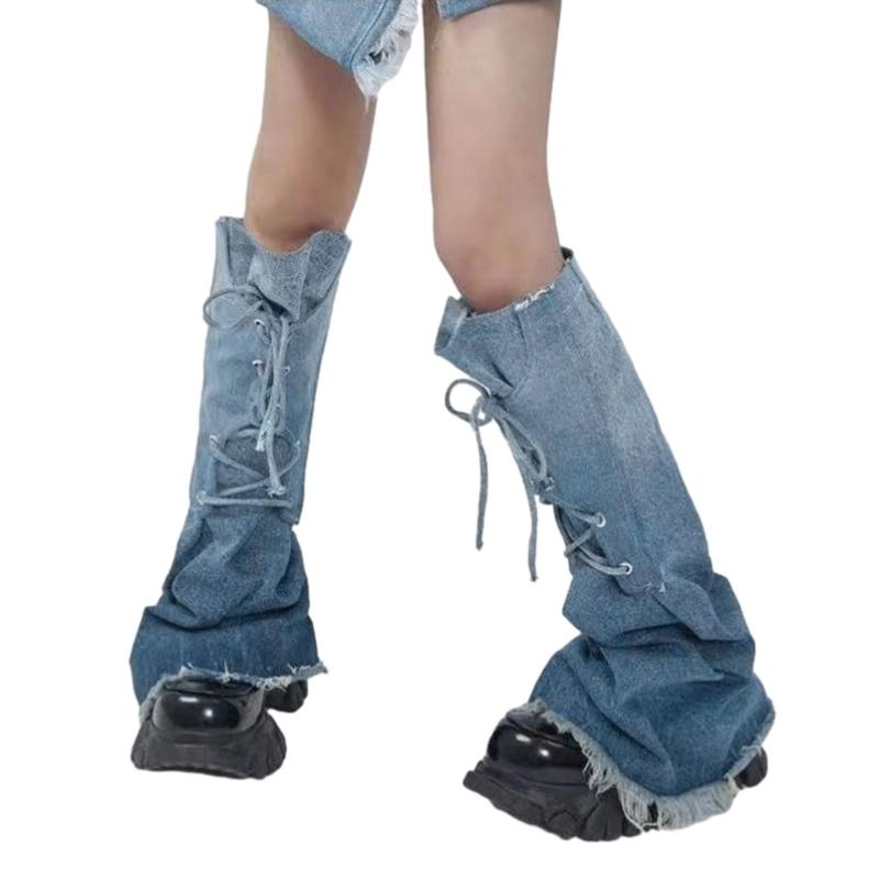 Womens Lolitas Flared Jeans Long Socks Leg Warmers Harajuku Lace Up Denims Boot Socks Y2K Fashion Ankle Heap Socks 1