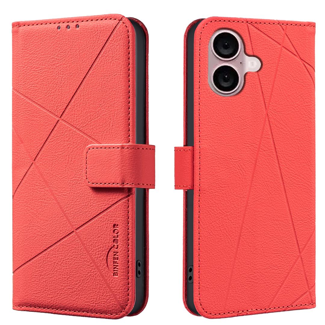 

For iPhone 16 Case BINFEN COLOR BF35 Geometry Imprinted Leather Phone Cover RFID Blocking Wallet Stand Red