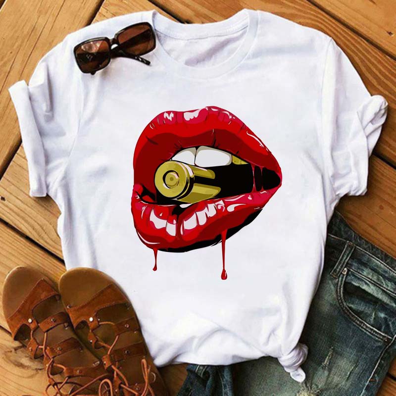 Růžové tričko s potiskem leopardích rtů Módní Dámské tričko Dámské Bílé a černé tričko Tričko s krátkým rukávem Dámské topy Harajuku