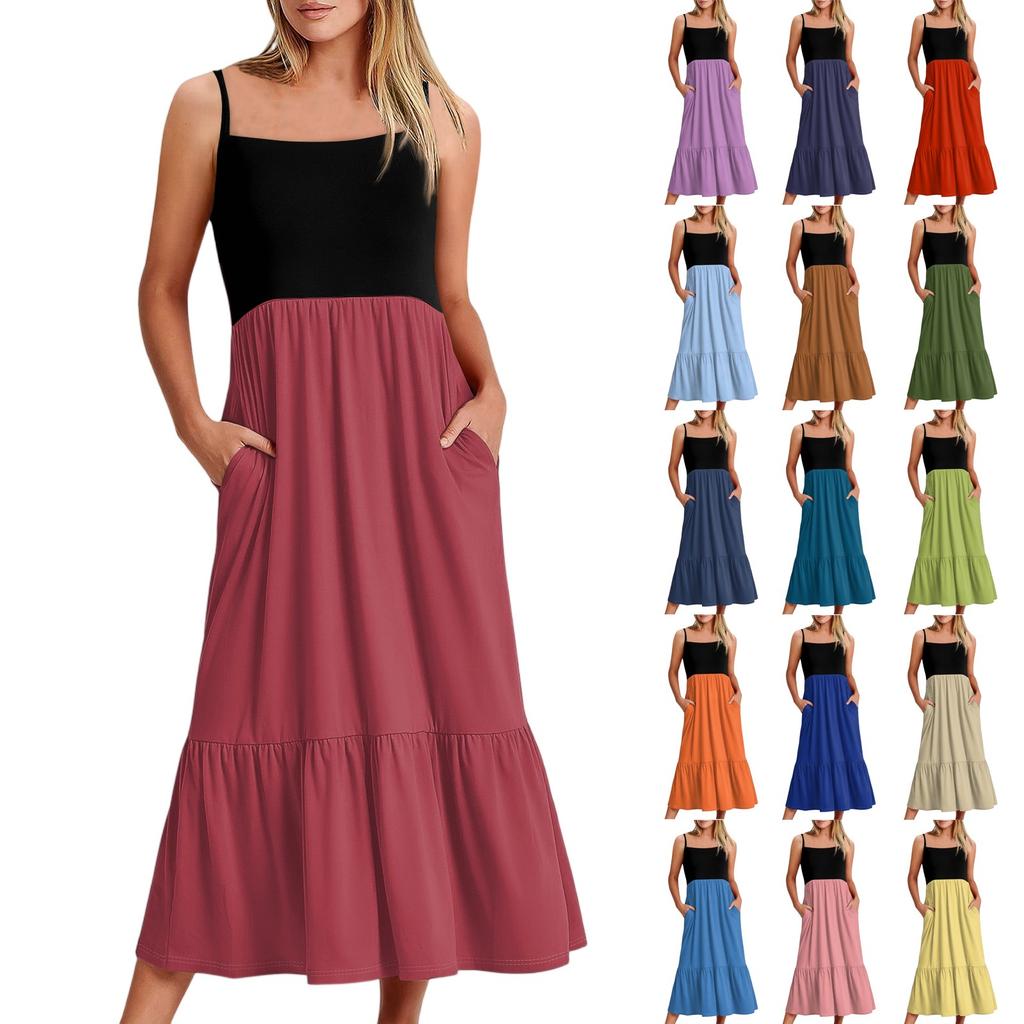 Women's Long Beach Casual Elegant Spaghetti Strap Maxi Dress Stitching Low-key Flowing Bohemian Dress