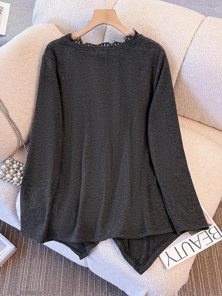 Plus Size Women's Winter Lace Patchwork V-neck Pleated Base Shirt (130-350 jin)