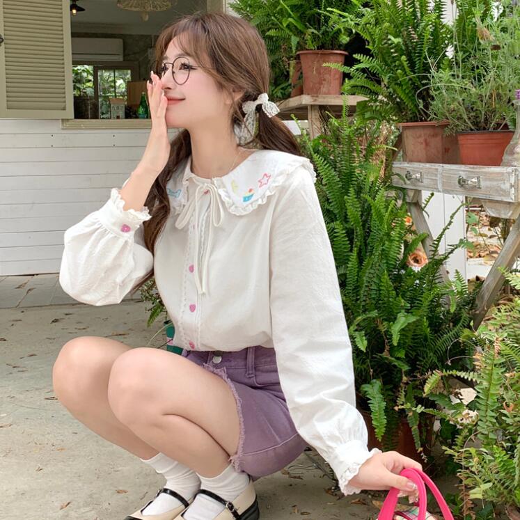 Japanese Cute Doll Collar Lace Lace Jk Shirt Female Spring and Summer Retro Long Sleeve Blouse