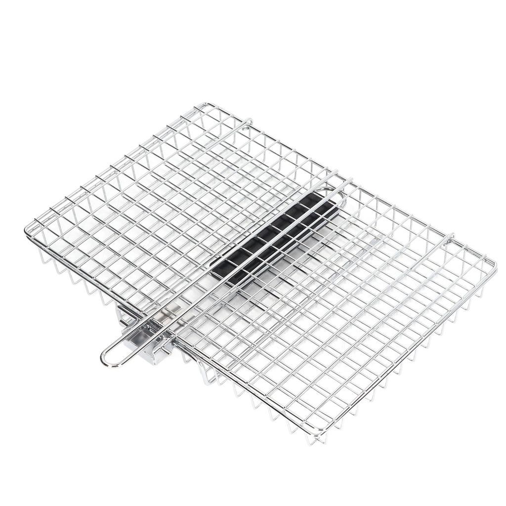 BBQ Grilling Basket Stainless Steel Folding Reusable Heat Resistant Wooden Handle Barbecue Rack for