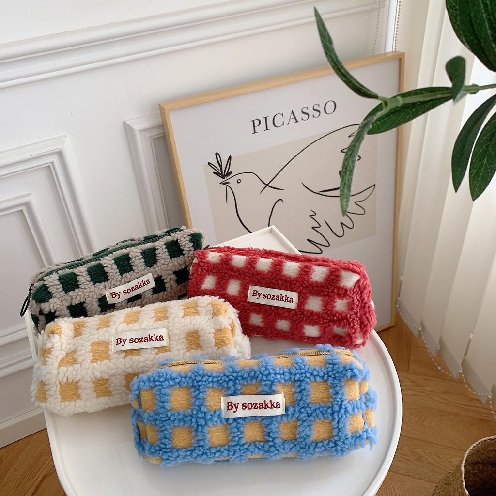 Waffle Lamb Plush Pencil Case Japanese Niche Student Stationery Storage Bag Female Student Large Capacity