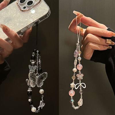 Luxury Clear Bead Phone Strap Fashion Bowknot Wrist Short Rope Phone Lanyard  Phone Bag Accessories