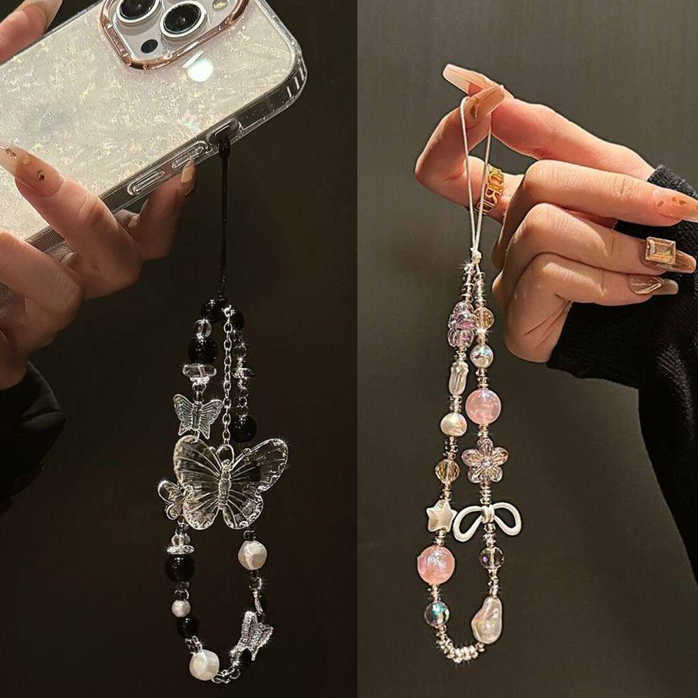 Y2K Clear Bead Phone Strap Fashion Bowknot Wrist Short Rope Phone Lanyard  Phone Bag Accessories