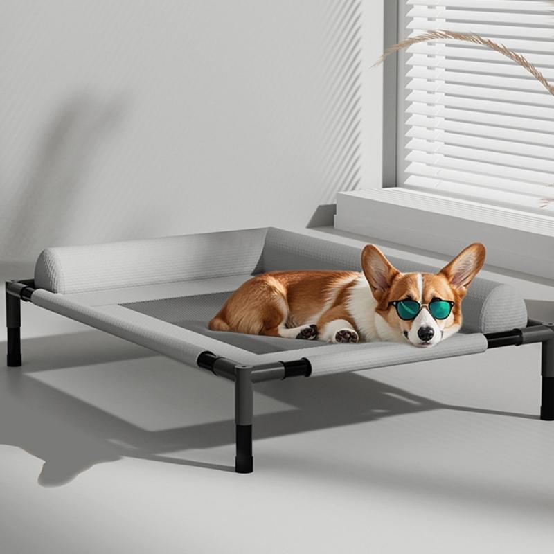 Breathable Raised Dog Bed Outdoor Cooling Pet Cot With L Shape Pillow Steel Frame Chew Resistant Washable For Medium Dog