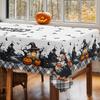 One polyester tablecloth, a retro Halloween-themed tablecloth, a tablecloth with a print of a pumpkin skull, bat, and castle.zyc