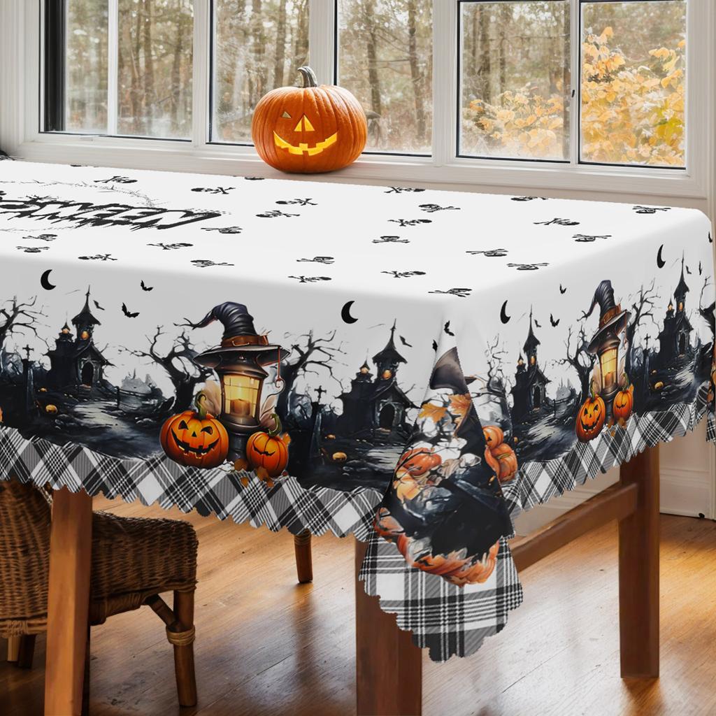 One polyester tablecloth, a retro Halloween-themed tablecloth, a tablecloth with a print of a pumpkin skull, bat, and castle.zyc