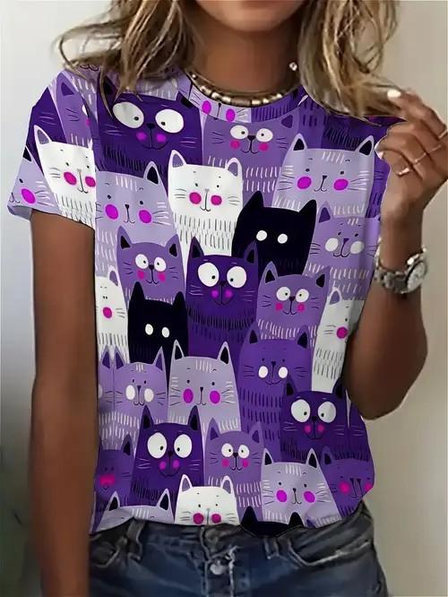 Cartoon Cat T-Shirts Cute Kitten Animal 3D Print Women's Short Sleeve Round Neck T Shirt Tees Harajuku Y2K Tops Female Clothing