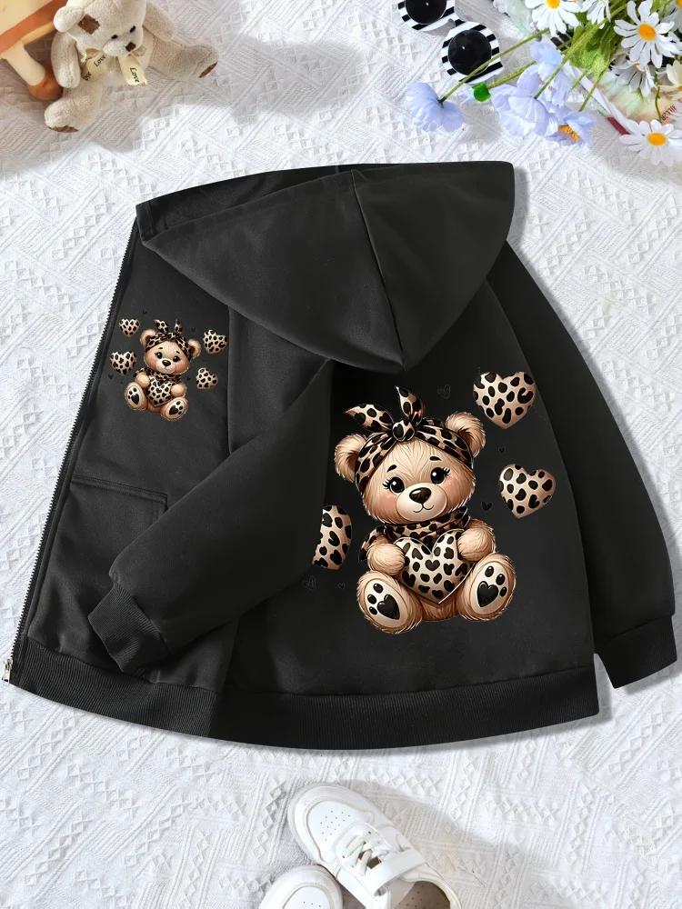 Kids Black Zip Up Hoodie Leopard Print Bear And Heart Graphic Front And Back Pattern Long Sleeve Pocket Girls Hooded Jacket