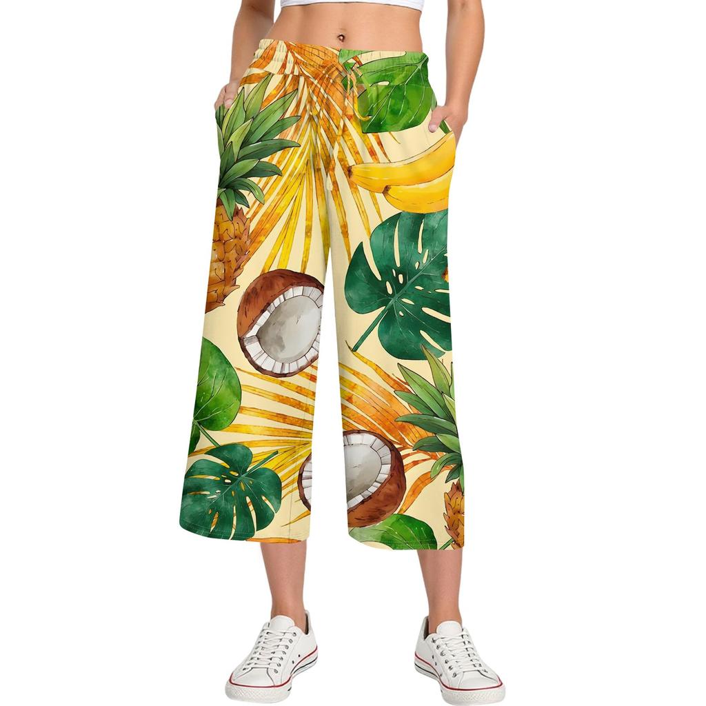 Damen Sommer Hohe Taille Bedruckte Freizeit-Sportbekleidung Lässige Cropped-Hose Weite Hose