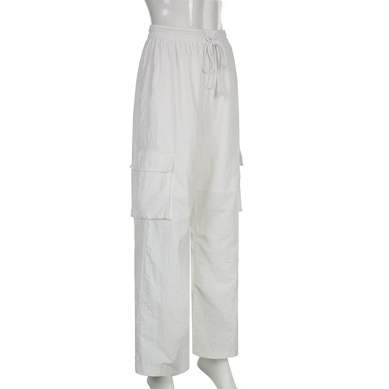 2022 Lässige Taschen Elastischer Bund Damen Hose Weiß Frühling Hohe Taille Schnürung Sporthose Mode Gerade Hose