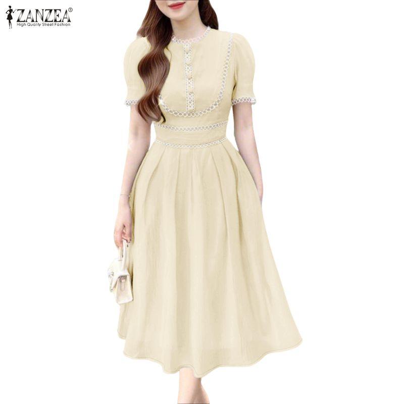 ZANZEA Women Casual Round Neck Elegant Short Sleeve Dress