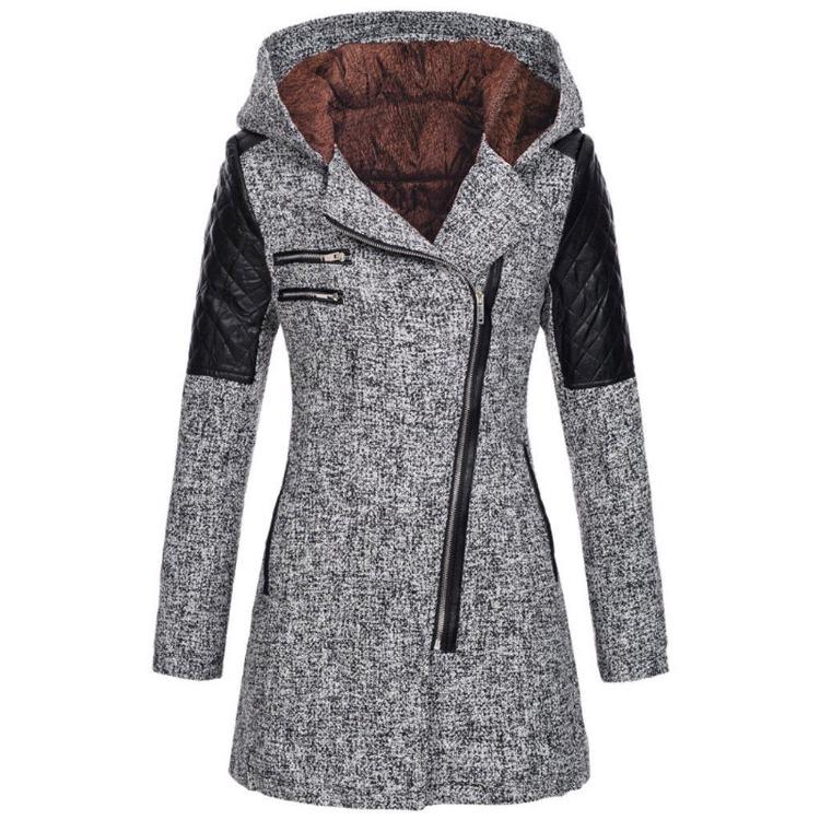 Warm Winter Coat Women Mid Length Woolen Hooded Windbreaker with Oblique Zipper