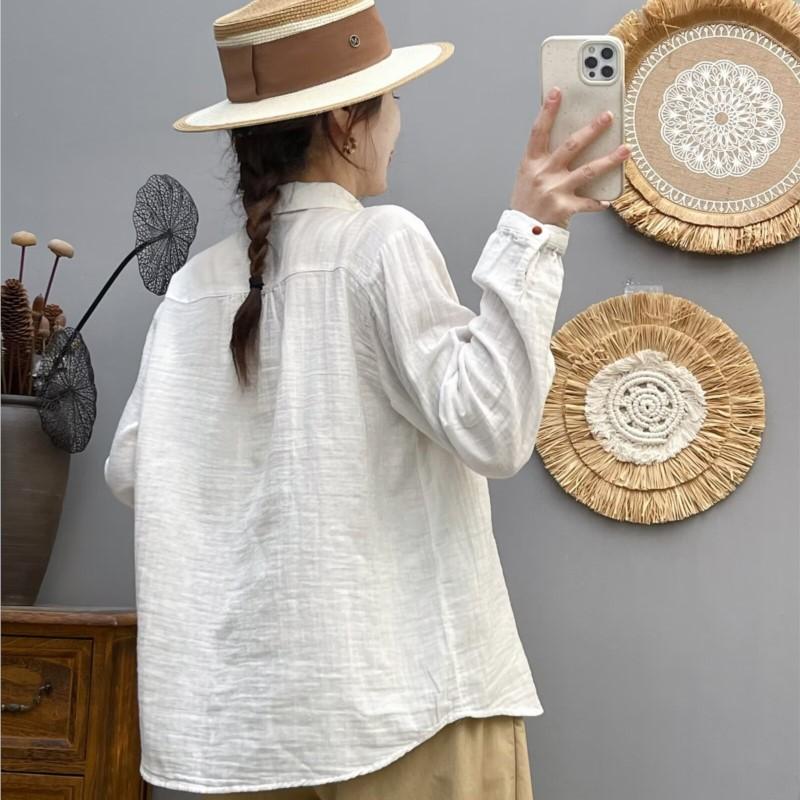 Ženy Bílé Košile Dvojité Halenky z bavlněné příze Dlouhý rukáv Barva Knoflíček Dámské topy Dámské oblečení 2024 Jaro Nové příchody