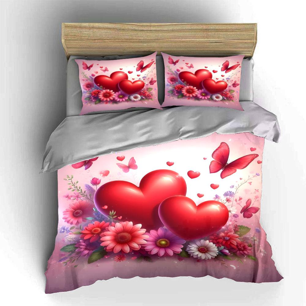 Romantic Hearts and Floral Set kid's and adults' bedroom decor, Exquisite three-piece bedding set gift