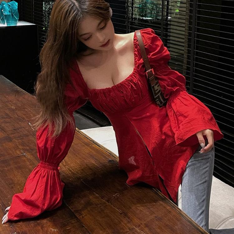 Korejská Čistá Sexy Horká Dívka Sexy Tričko Dámské Jarní Dlouhý Rukáv Čtvercový Límec Top Módní Dámské Oblečení Módní Dámské Oblečení