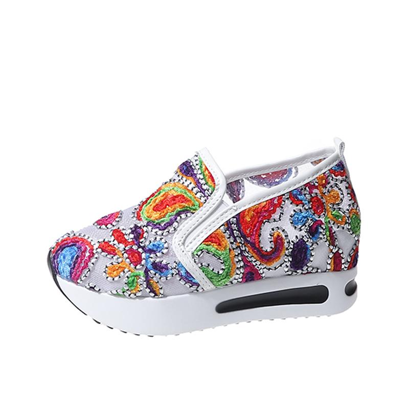 

Модные лоферы-клинья с вышивкой пейсли, женские шикарные разноцветные кружевные туфли, женская платформа, внутренняя танкетка, слипоны, сетчатые zapatos 35