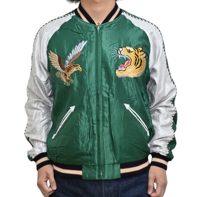 Tailor Toyo Souvenir Jacket Acetate Sukajan ROARING TIGER JAPAN MAP Taylor Toyo TT15682-145 × (JP, Alphabet, M, Green)