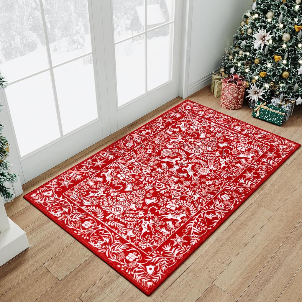Christmas Large Area Rug Living Room Rug Machine Washable Rugs Low Pile Carpet Indoor Door Mat Red/White Non-Slip Snowflake Rug