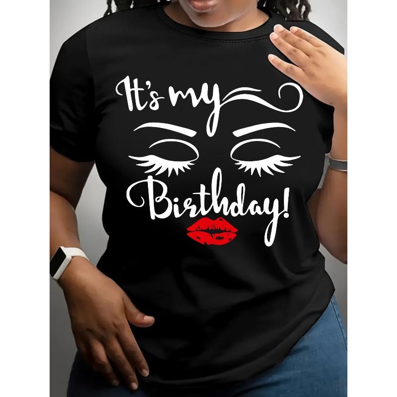 

Eyelash & Lip & Letter Print T-Shirt, Casual Short Sleeve Top for Spring & Summer, Women s Plus Size Clothing L чёрный