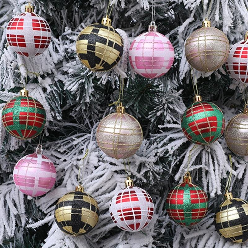 2 Boxes Christmas Tree Decorations Tartan Pattern Plastic Hanging Ball Festival Home Holiday Party Decorative Accent