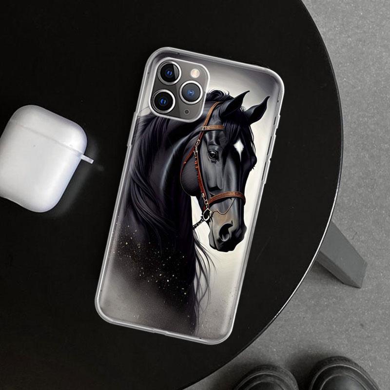 

Animal Black Horse Phone Case Cover for iPhone 11 12 13 Mini 14 15 Plus 16 Pro Max 17 Air 7 8 + SE Art Customized Fundas 11 12 1 iPhone 17 Pro