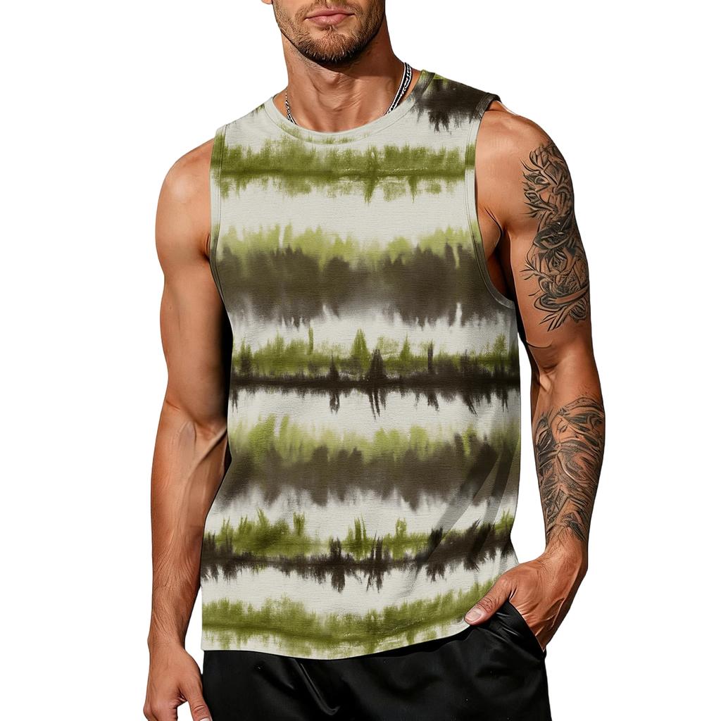 Mens Sleeveless Tie Dye Print Tank Top Crew Neck Casual Loose Fit Muscle Shirt for Summer Gym Workout Beachwear