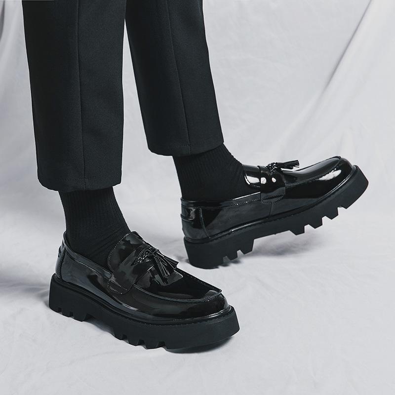 Large Size Shiny Gentleman Breathable Leather Shoes Formal Business Leather Shoes Round Toe Tassel Thick Sole Height-enhancing Men's Loafer Shoes