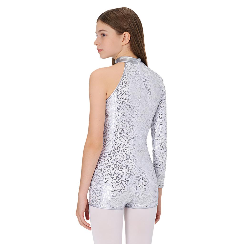 Girls Round Collar Long Sleeve Leotard Shiny Sequins Texture Decorated Invisible Zipper Back Jazz Dancewear