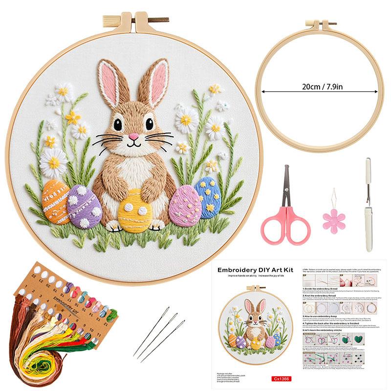 Easter Embroidery Kit for Beginners, DIY Hand Embroidery Set with Bunny Egg Floral Patterns, Including Hoop Thread Needles, Easter Craft Sewing Gift