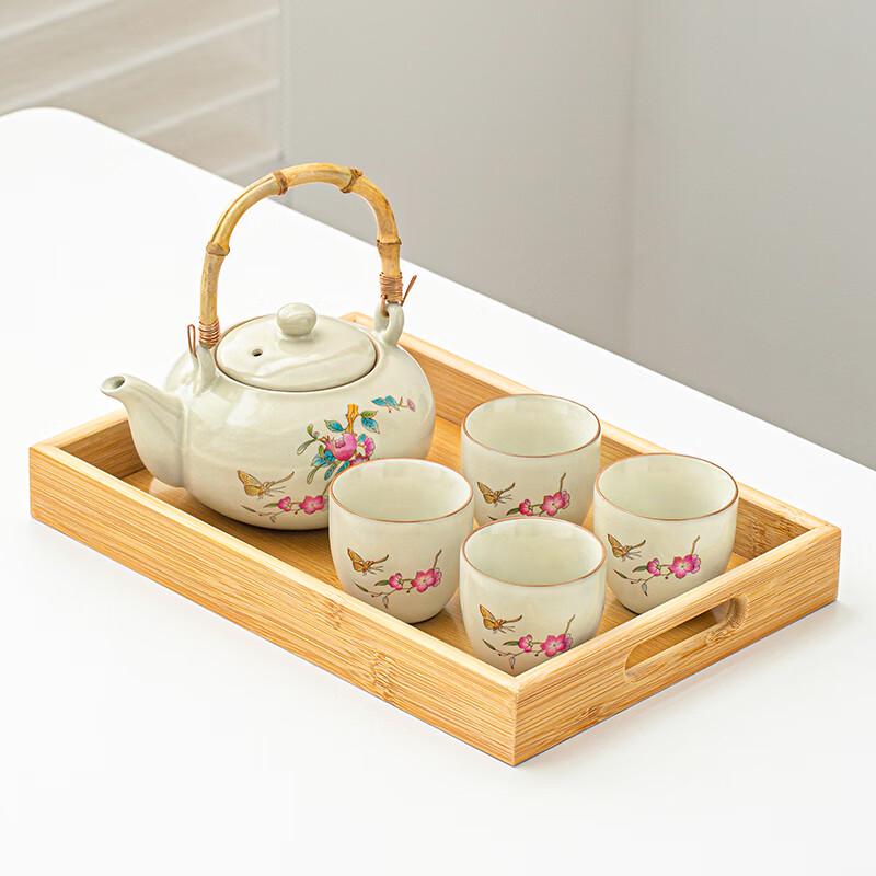 Leinuo Ru Kiln Bamboo Handle 5-Piece Tea Set