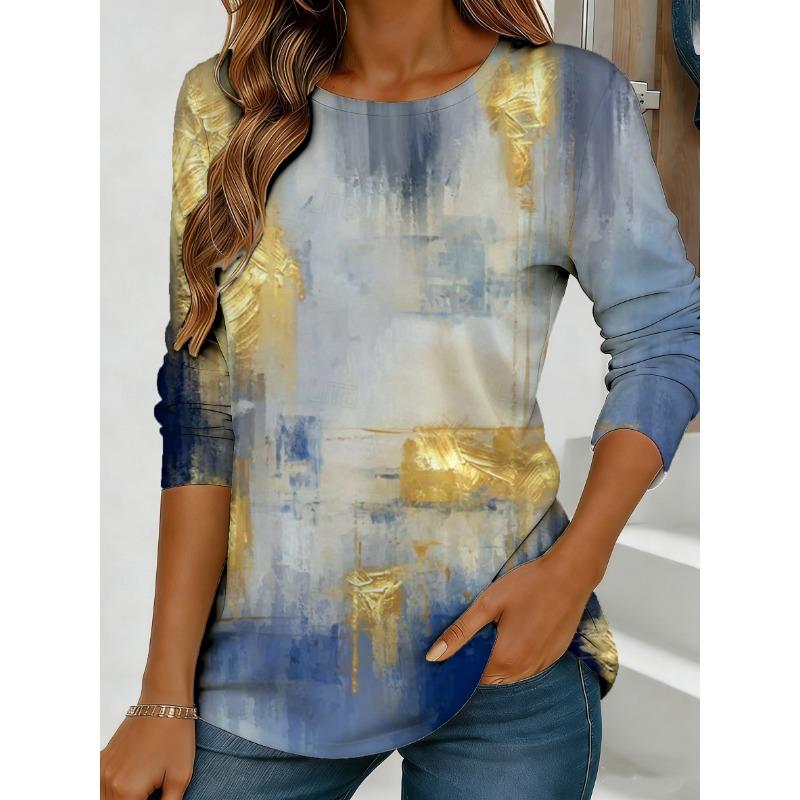 Women's Abstract Watercolor Print Long-sleeved Loose Round Neck Top, Casual Everyday Street Style with Elegant Design.