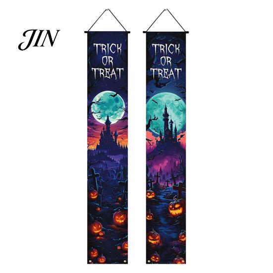 Durable Fabric Banner Halloween Porch Sign Banner, Pumpkin Ghost Party Awning Hanging Wall Decorative Holiday Door Decoration, Front Wreath