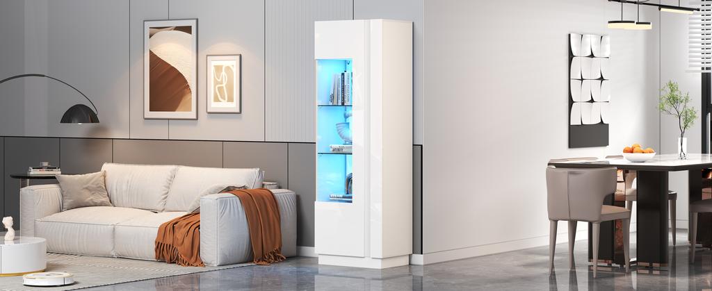Armadio 60*40*180cm, Vetrina con Porta in Acrilico, Armadio di Stoccaggio Lucido con Illuminazione LED, 3 Ripiani in Vetro, Bianco