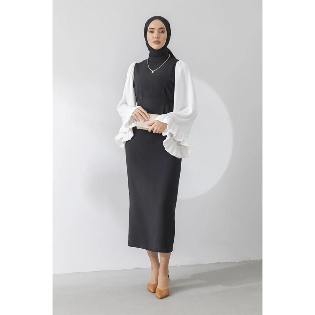 Women's Self Belted Loose Sleeve Black Hijab Dress