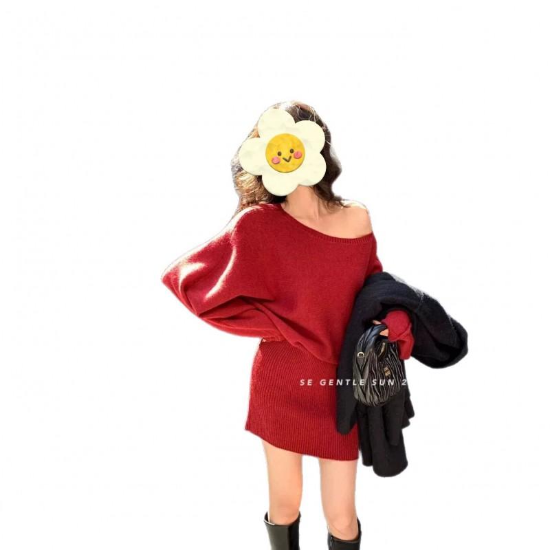 Womens Off-Shoulder Long Sleeve Knit Dress Slim Fit Casual Winter Sweater With Waist Belt