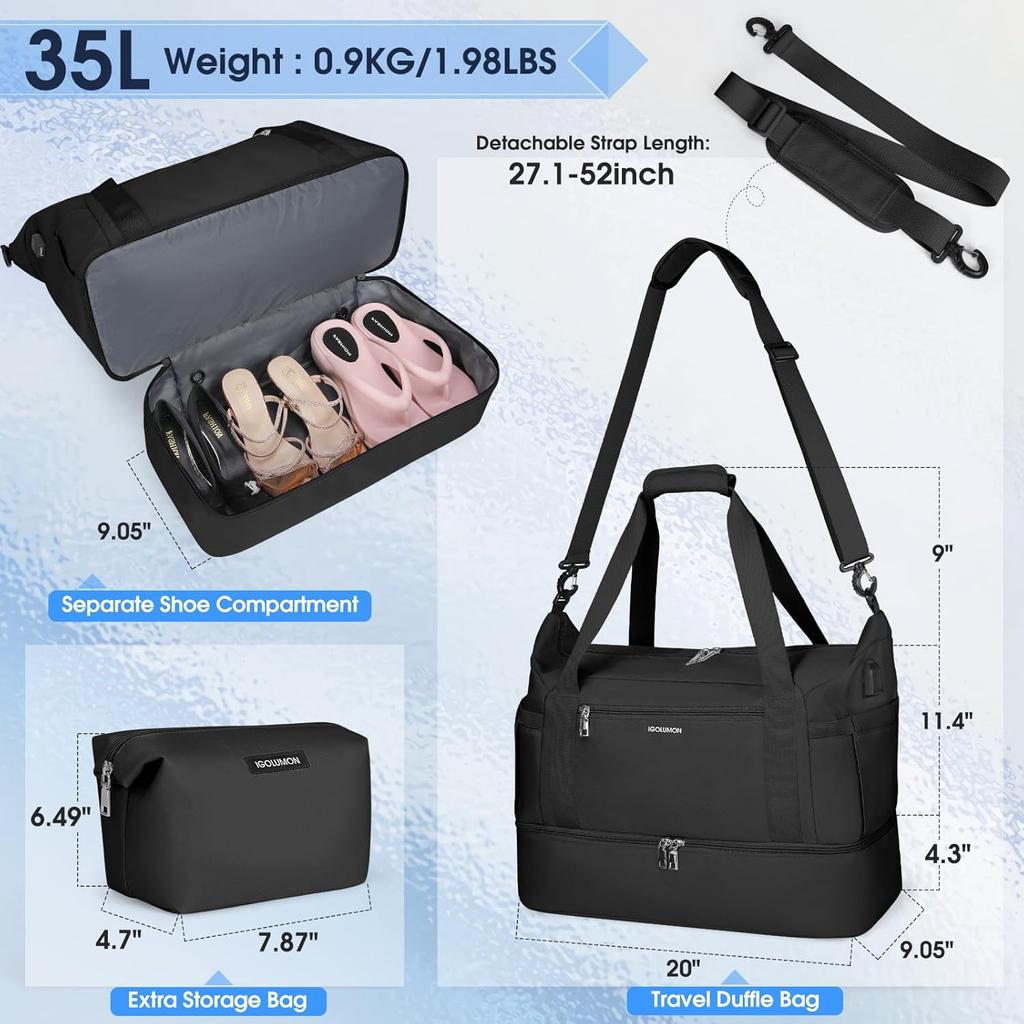 2Pcs Women's Travel Duffel Bag Waterproof Weekender Overnight Bag with Shoe Compartment
