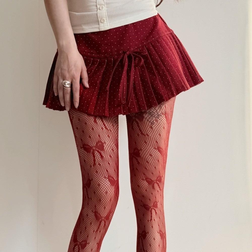 Vintage Hollowed Out Jacquard Pantyhose Fishnet Polka Dot Stockings Mesh Bow Stockings JK Lolita красный