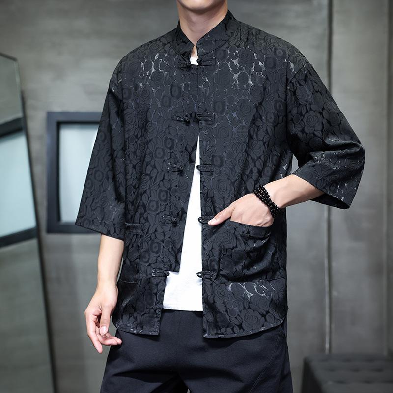 Chinese style ice silk seven-quarter-sleeved shirt men's Tang suit buckle Hanfu large size printed short-sleeved shirt ethnic style