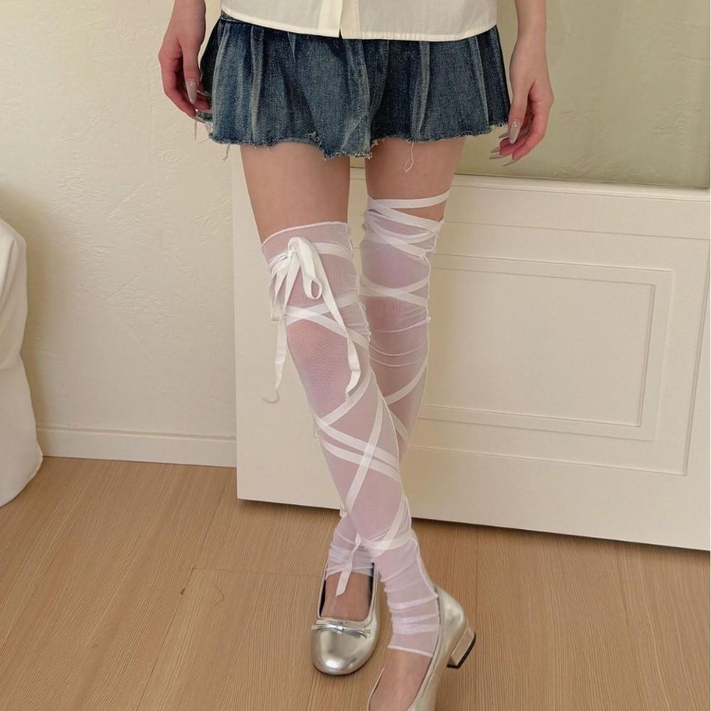 Calze Leggings Ballettcore Dolci con Laccetti Calzettoni Lunghi Trasparenti a Righe Traspiranti Ultra-sottili sopra il Ginocchio per Donna