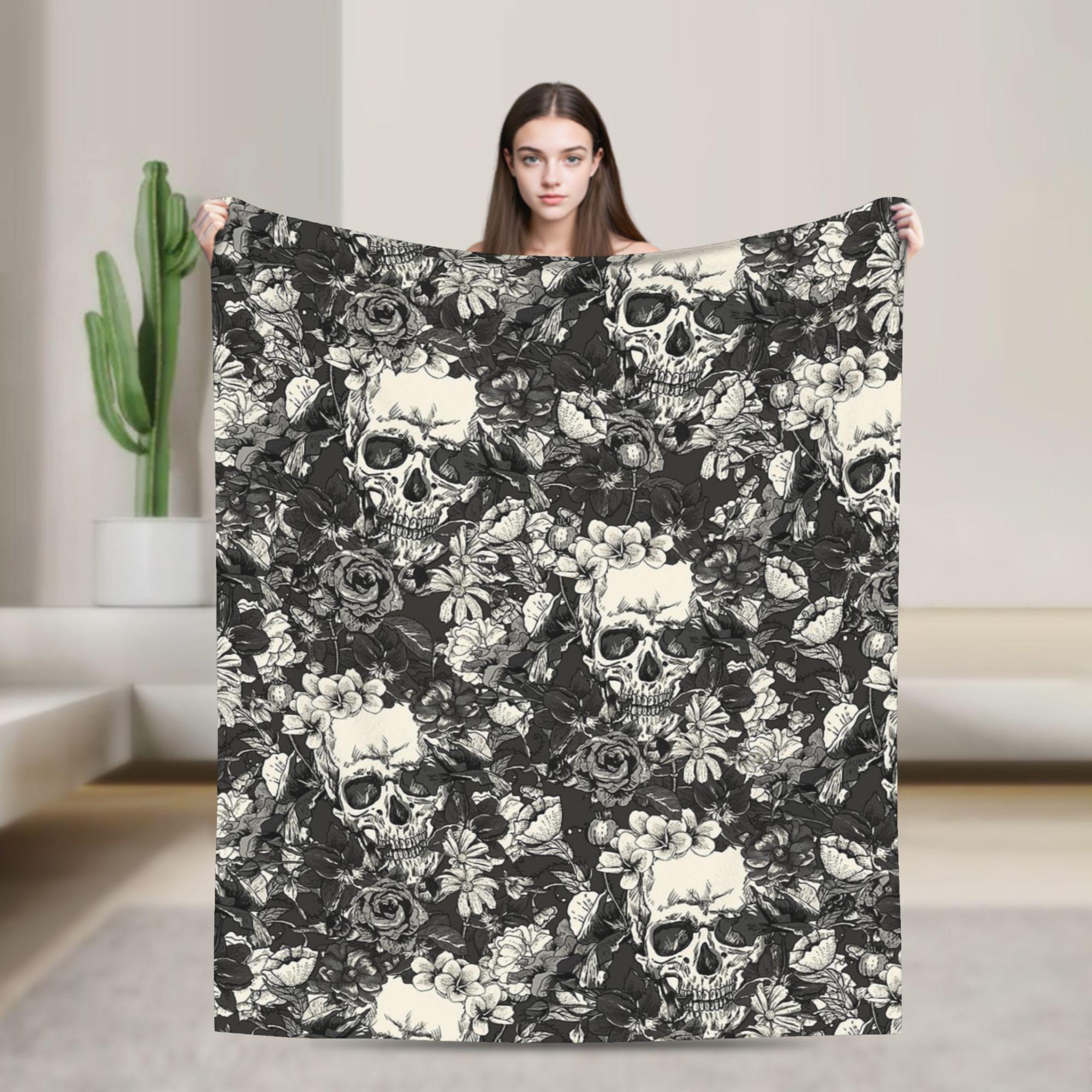 Halloween Skulls And Flowers Gothic Goth Blanket Coral Fleece Plush Autumn/Winter Warm Throw Blankets for Sofa Office Bedspreads 75X95CM