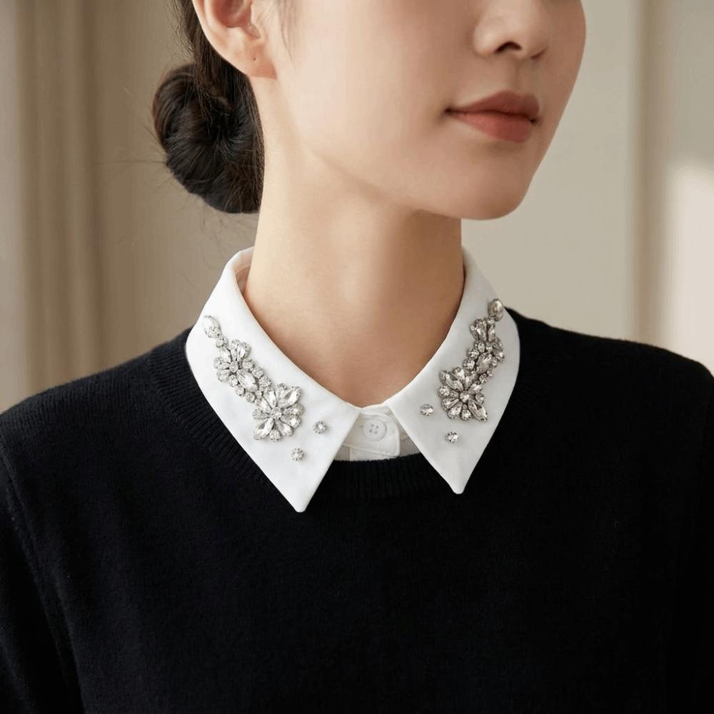 White Chiffon Detachable Collar Rhinestone False Collar Elegant Fake Collar Women