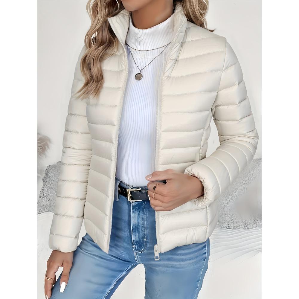 (Order A Size Up)Women Spring Slim‑Fit Lightweight Padded Jacket Stand Collar Zipper Long Sleeve Solid Color Elegant Versatile Cropped Coat ()