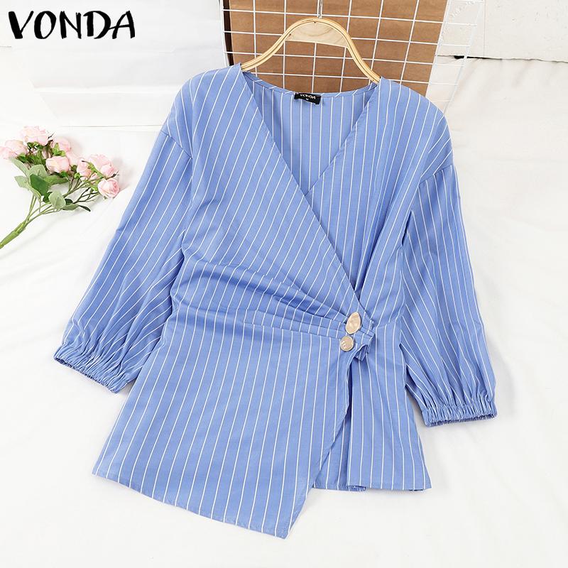 VONDA Women Autumn V-Neck Striped 3/4 Sleeve Button Trim Shirts