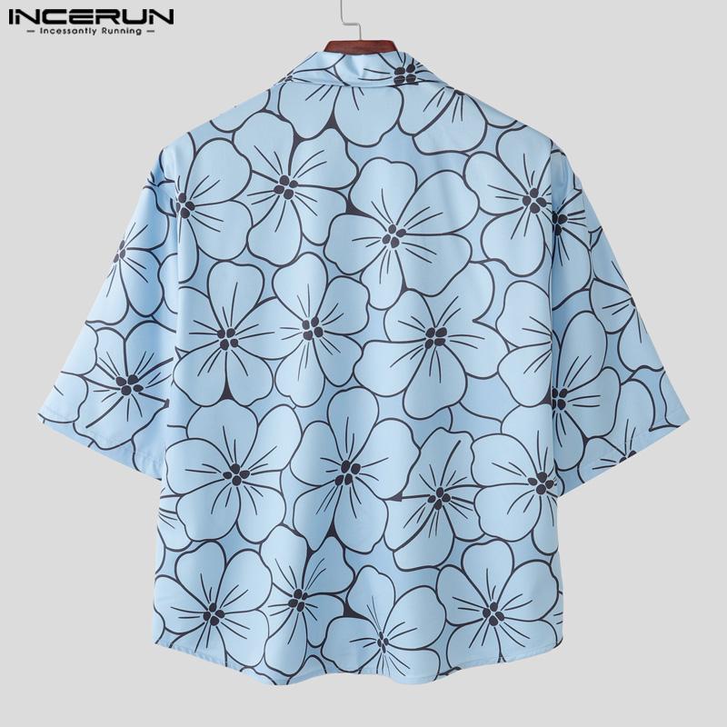 INCERUN Oversized Men Lapel Neck Half Sleeve Floral Print Casual Shirts